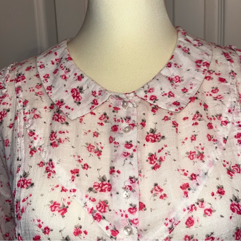 Sundance White Button-Down Floral Shirt with Pink Rose Print